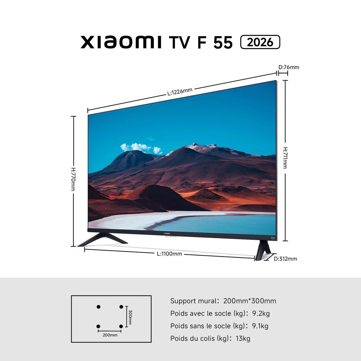 Xiaomi TV F 55, 140 cm (55 Pouces), 4K UHD, Smart TV, Fire TV, Contrôle Vocal Alexa, HDR10, MEMC, Mode Game Boost 120Hz, 2Go+32Go, Compatible avec AirPlay