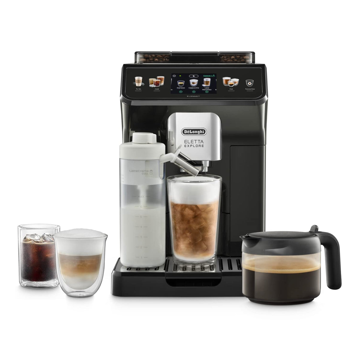 De'Longhi Eletta Explore Cold Brew ECAM452.67.G, Machine à Café Barista avec LatteCrema Hot and Cool, Machine à Espresso, Machine à Café Automatique, Extraction Froide, Pot à Café Inclus, Gris Foncé