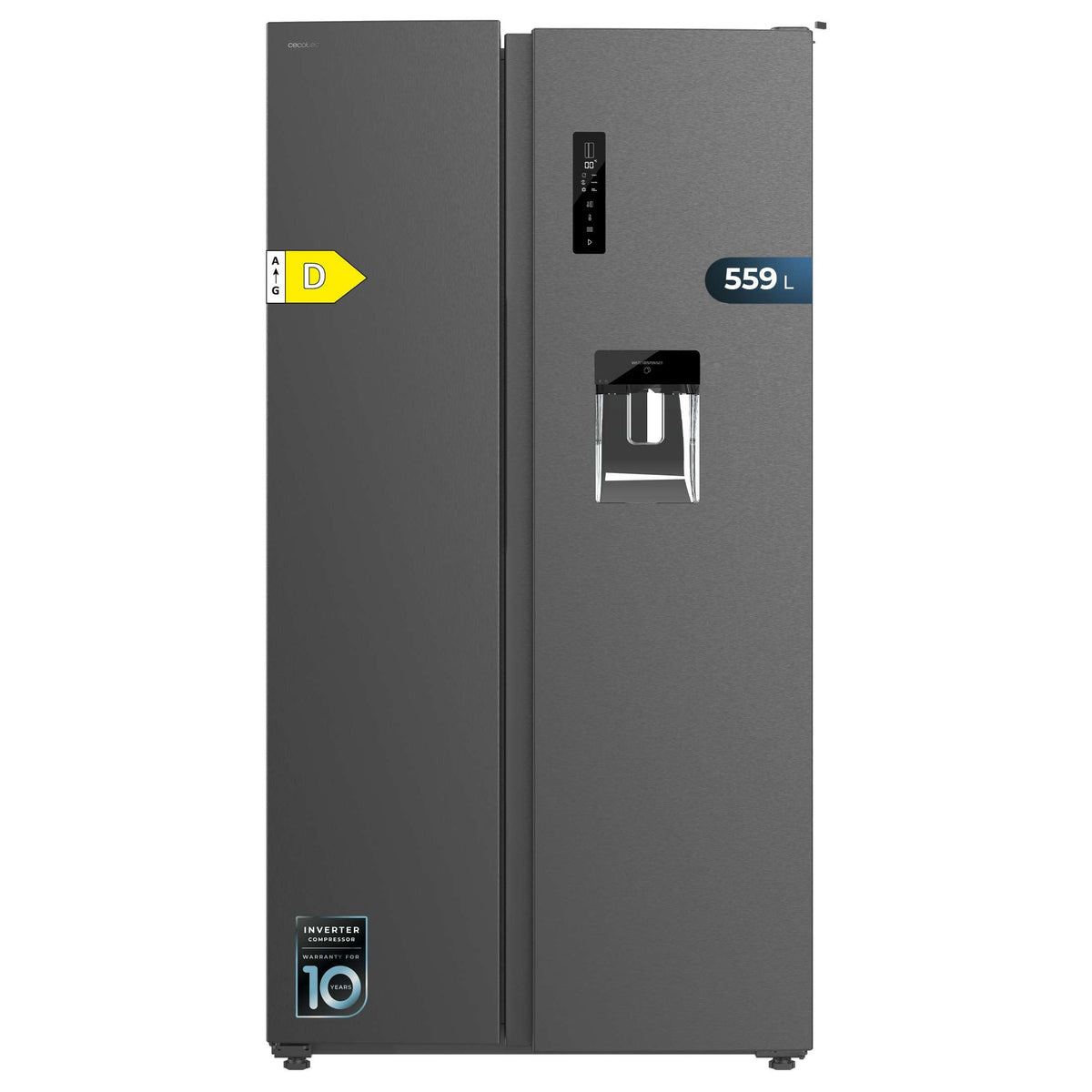 Cecotec Réfrigérateur Américain de 559 Litres Bolero CoolMarket SBS 562 Dark D. 177 cm de Hauteur et 90 cm de Largeur, Classe D, Système Multi Air Flow, No Frost Total, Moteur Inverter Plus