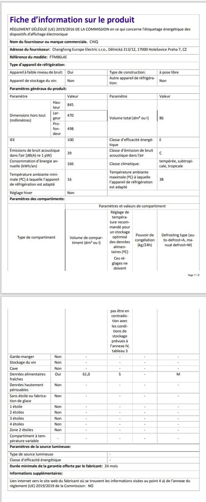 CHIQ Réfrigérateur congélateur en haut Réfrigérateur congélateur - 86 L (61/25L) - Portes réversibles, Congélateur 4 étoiles, Machine à glaçons, Garantie compresseur 12 ans, Classe E