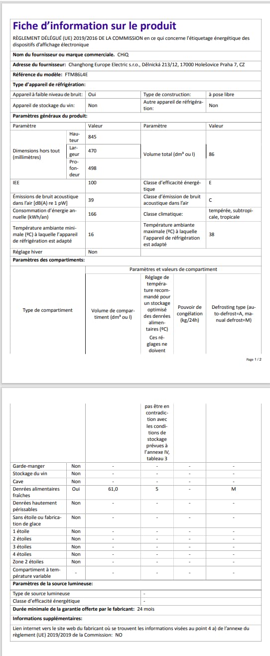 CHIQ Réfrigérateur congélateur en haut Réfrigérateur congélateur - 86 L (61/25L) - Portes réversibles, Congélateur 4 étoiles, Machine à glaçons, Garantie compresseur 12 ans, Classe E