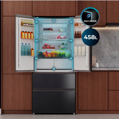 Cecotec Réfrigérateur Porte Française de 4 Portes Semi-Intégrable 458L Total No Frost Bolero CoolMarket F2D 458 SBI Dark E, Hauteur 189 cm et 83 cm Largeur, MetalFlexCooling, Compresseur Inverter
