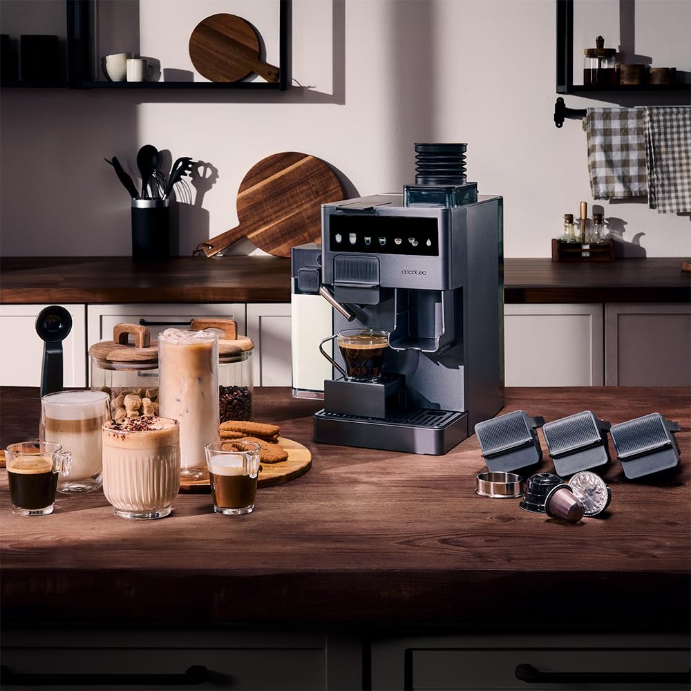 Cecotec Cafetière à Capsules Freestyle Grind & Latte. 1400W, 20 Bars, Multi-capsules, Café en Grains 40g, Moulin Conique, Réservoir d'Eau 1,6L, 300ml