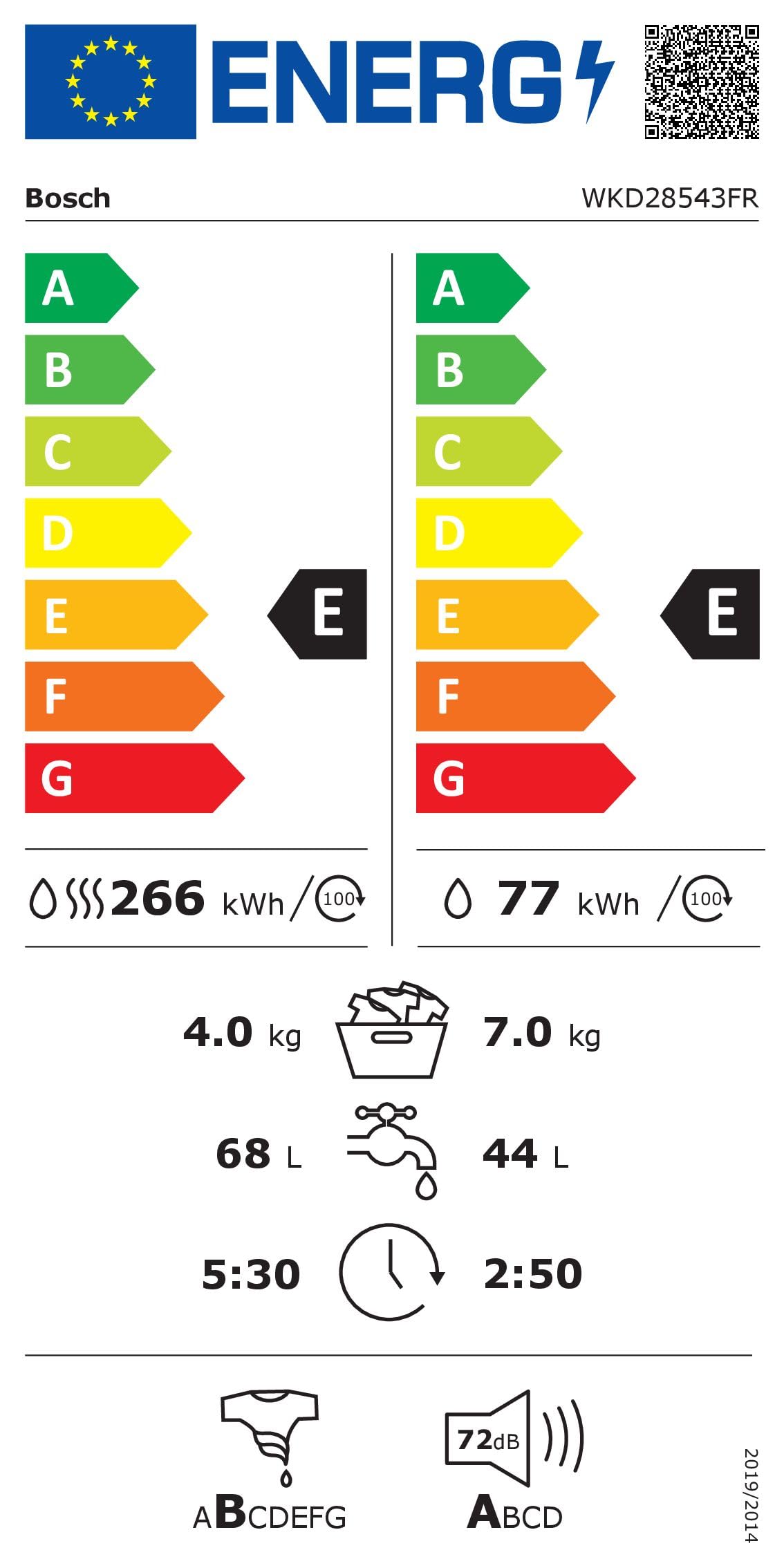 Bosch WKD28543FR, Lave-Linge Séchant Encastrable, Série 6, EcoSilence Drive, 7/4 kg, 1400 trs/min, 52 L