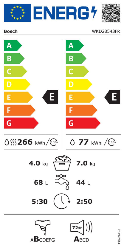 Bosch WKD28543FR, Lave-Linge Séchant Encastrable, Série 6, EcoSilence Drive, 7/4 kg, 1400 trs/min, 52 L