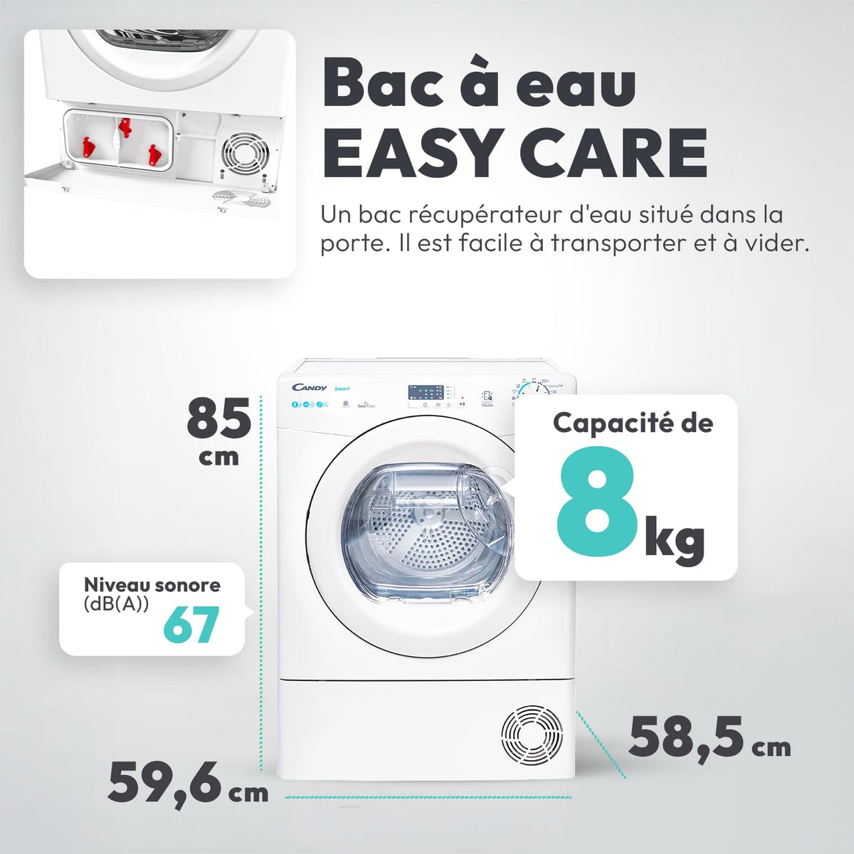 CANDY - Sèche-Linge Pompe à Chaleur - Capacité de Chargement 8 Kg - Classe Énergétique E - Connectivité NFC, Départ Différé, Bac à Eau Easy Case - Blanc - 85 x 59,6 x 58,5 cm - Modèle CSE H8A1LE-S
