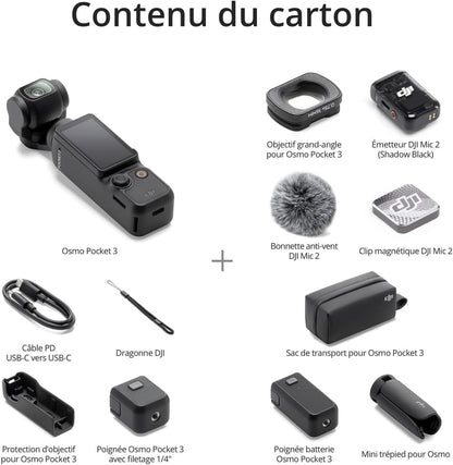 DJI Osmo Pocket 3 Créateur Bundle, camera vlog CMOS 1'' et Vidéo 4K/120 ips, digital et petite, Stabilisation à 3 axes, Suivi Facial/Objet, MAP rapide