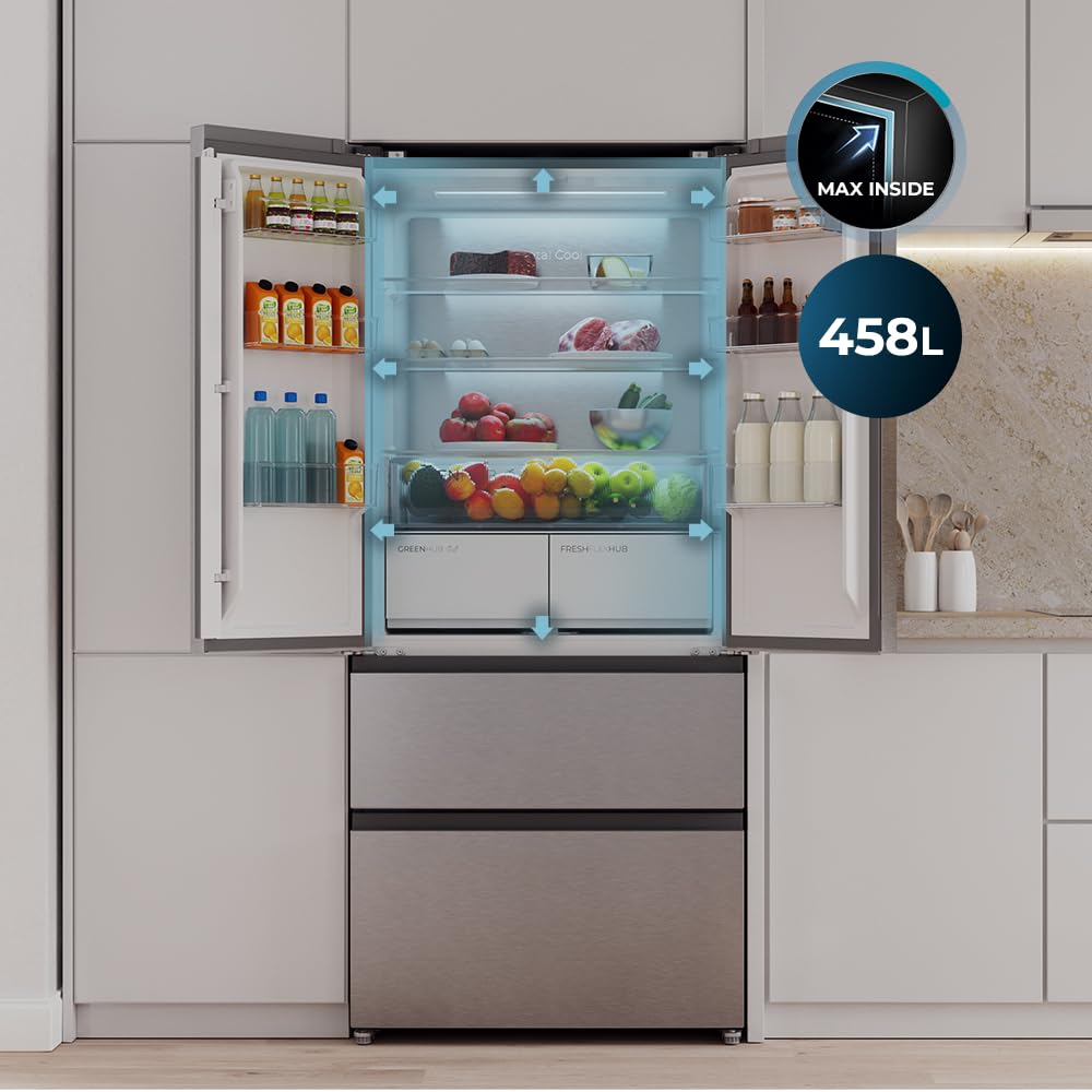 Cecotec Réfrigérateur Porte Française de 4 Portes Semi-Intégrable 458L Total No Frost Bolero CoolMarket F2D 458 SBI Inox E, Hauteur 189 cm et 83 cm Largeur, MetalFlexCooling, Compresseur Inverter