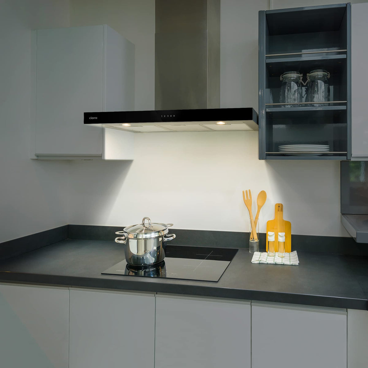 Ciarra Hotte Apisrante 90cm 650 m³/h - Class A+++ - 4 Vitesses - Fonction Boost - Hotte de Cuisine Silencieuse - Commande Tactile - Wi-Fi - LED Dimmable - Inox - CBCS9102