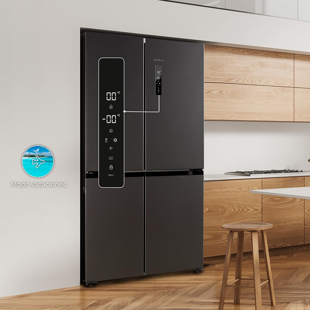 Cecotec American Refrigerator 4 Doors Dark 490 L CoolMarket 4D 490 Dark E. 183 cm High, 91 cm Wide, Low Power Consumption, Inverter Plus Engine, Fast Cooling and Fast Freezing, Total NoFrost
