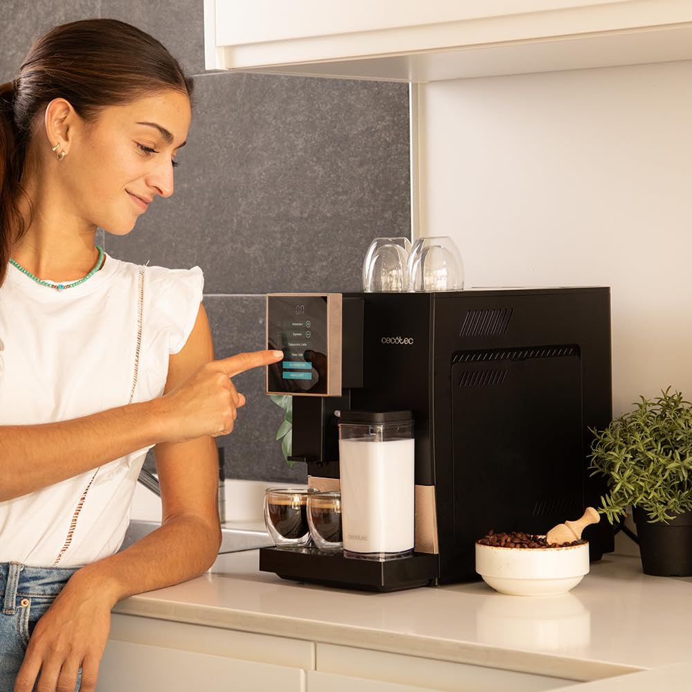Cecotec Machine a Cafe Grain Cremmaet Compactccino Black Rose.19 barres,Thermoblock, Grains de café fraîchement moulus avec Plug&Play,Réservoir de café de 150gr avec moulin, 1,1 L d'eau,400ml de lait