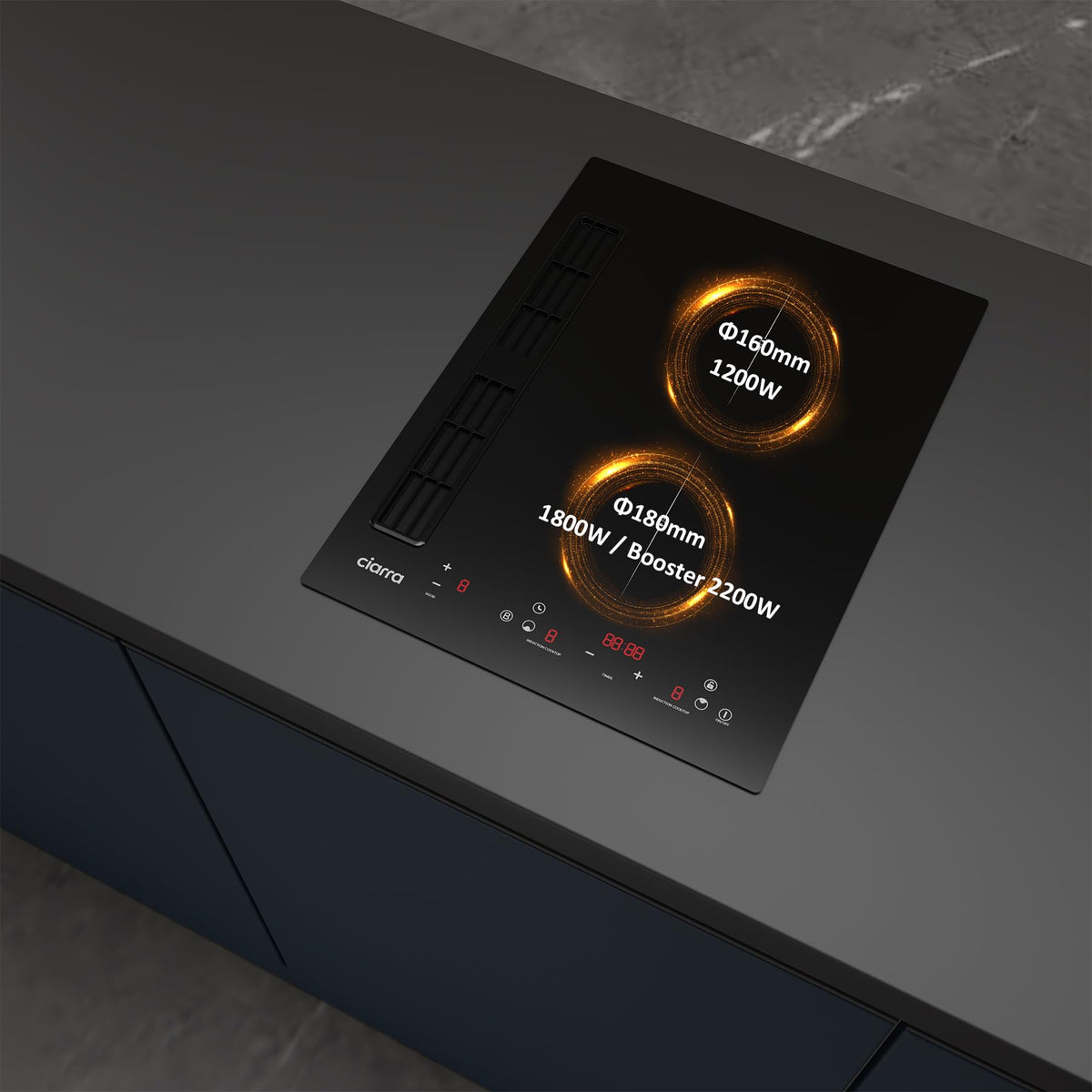 CIARRA One Plaque à Induction et Hotte Intégrée-39cm-3200W-9 Niveaux de Puissante-460m³/h- Évacuation ou Recyclage-4 Vitesses-Fonction Boost-Filtration Multiple-Tactile-Verrouillage Enfant