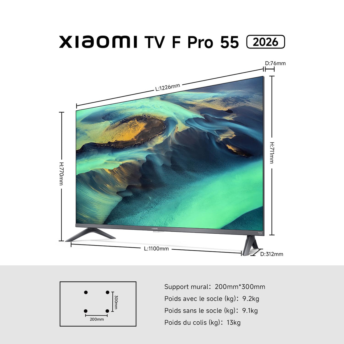 XIAOMI TV F Pro 55, 140 cm (55 Pouces), 4K UHD QLED, Smart TV, Fire TV, Contrôle Vocal Alexa, HDR10+, Mode Game Boost 120Hz, MEMC, 2Go+32Go, Compatible avec AirPlay
