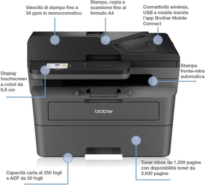 Brother DCP-L2660DW | Imprimante Multifonction | Laser | A4 | Abonnement d'impression ECOPRO 2 Mois OFFERTS | WiFi Direct