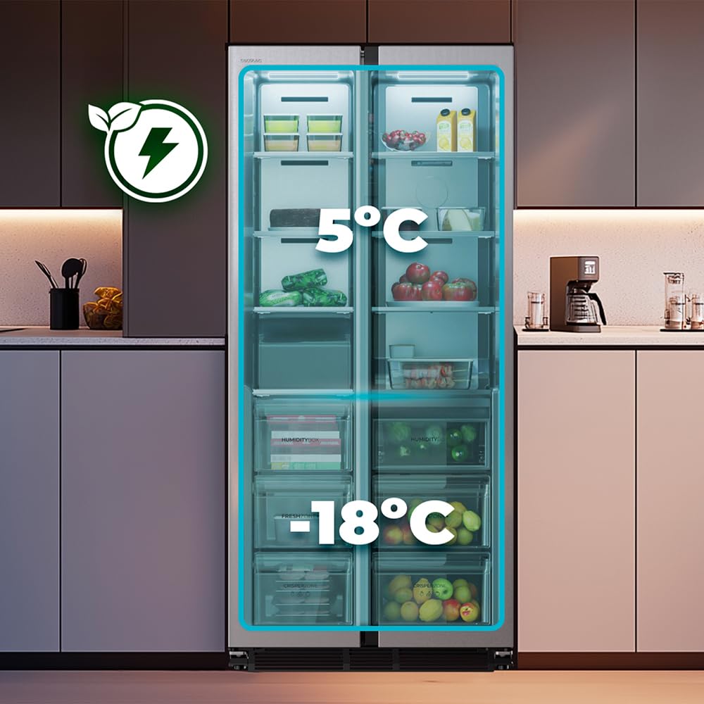 Cecotec Réfrigérateur américain Bolero CoolMarket SBS 436 SBI Inox E. Réfrigérateur américain inox, 436L, Total No Frost, Inverter Plus, MultiAirFlow, refroidissement rapide, congélation rapide.