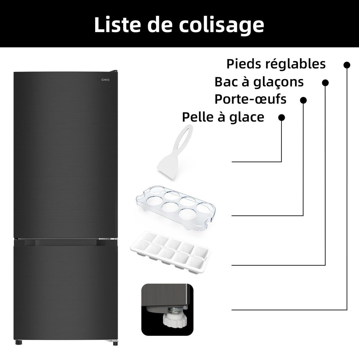 CHIQ Réfrigérateur congélateur FBM205L42-205L (153 + 52),Classe énergétique E, 39 dB, Acier noir, Low frost, Portes réversibles