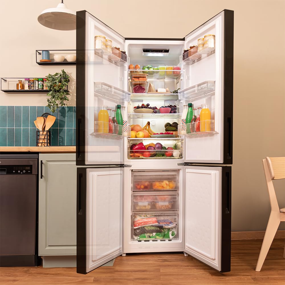 Cecotec Réfrigérateur combiné Bolero CoolMarket Combi 250 WD Black Glass D. Capacité de 250L, classe D, compresseur Inverter, Total No Frost, porte réversible, distributeur d'eau et LED intérieure.