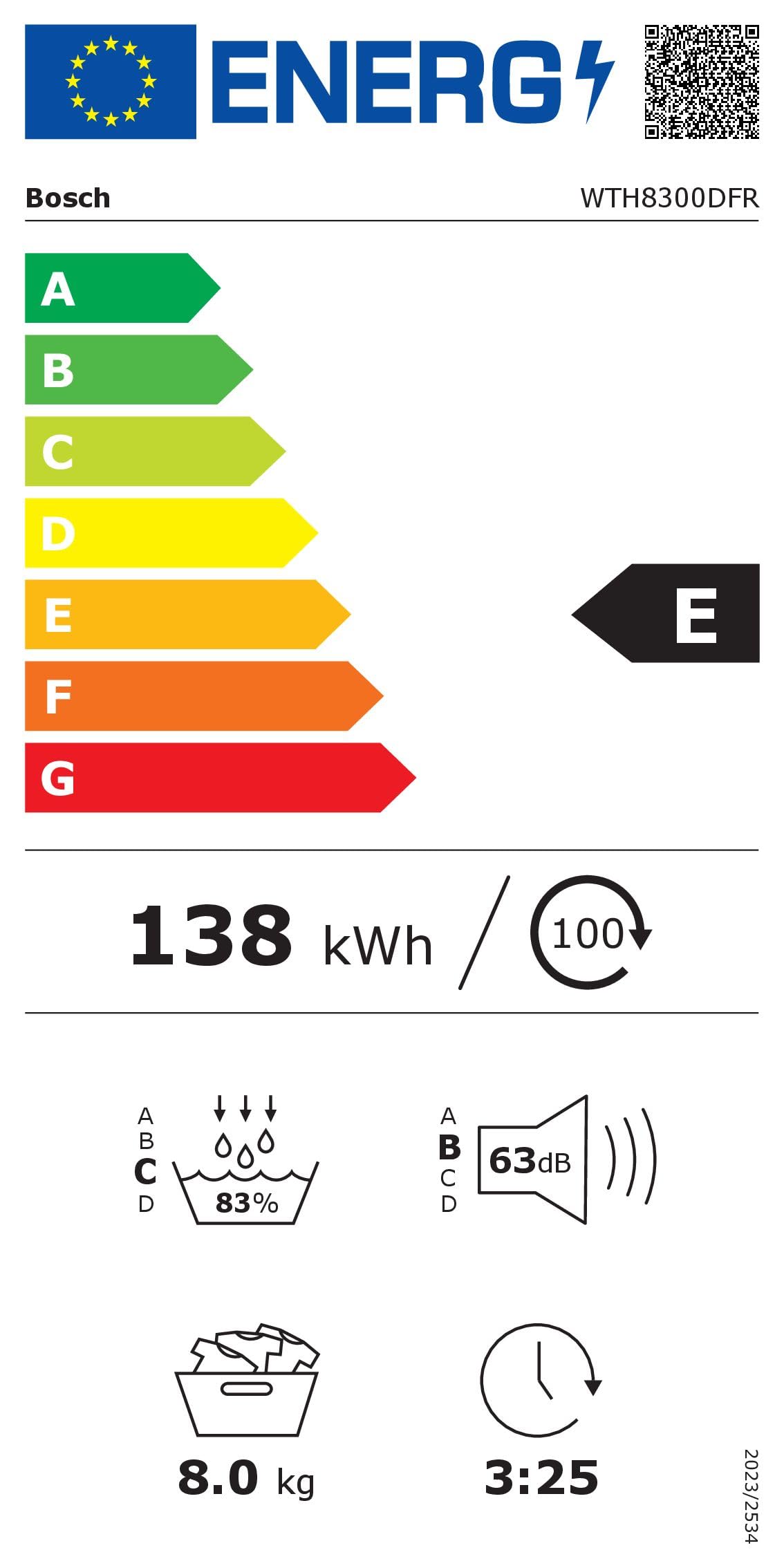 Bosch WTH8300DFR, Série 4, Sèche linge, Pompe à chaleur, 8 kg, Blanc