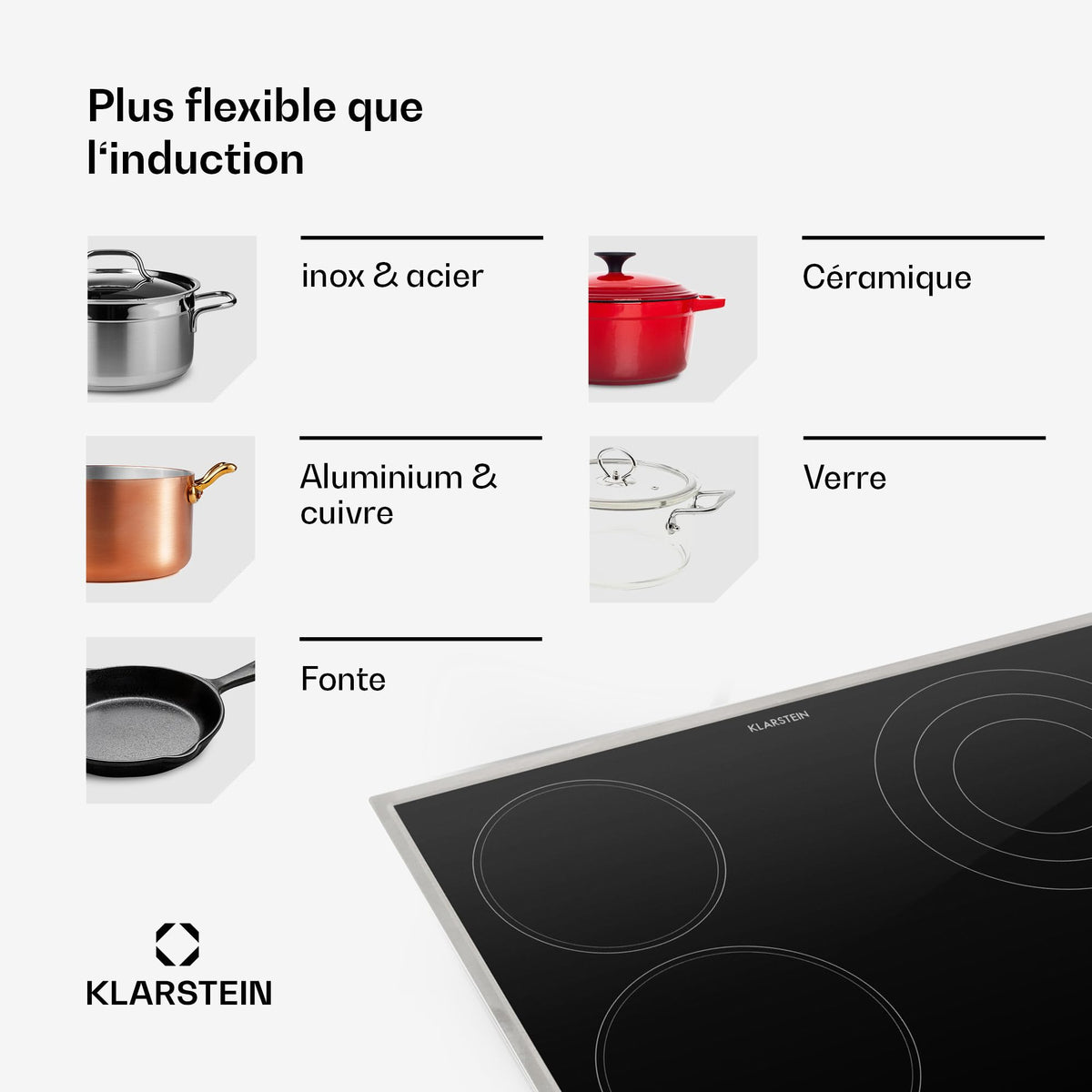Klarstein Plaque Vitrocéramique Encastrable 6500W, Table de Cuisson Induction 4 Feux, Contrôle Tactile, Table de Cuisson Électrique 4 Foyers