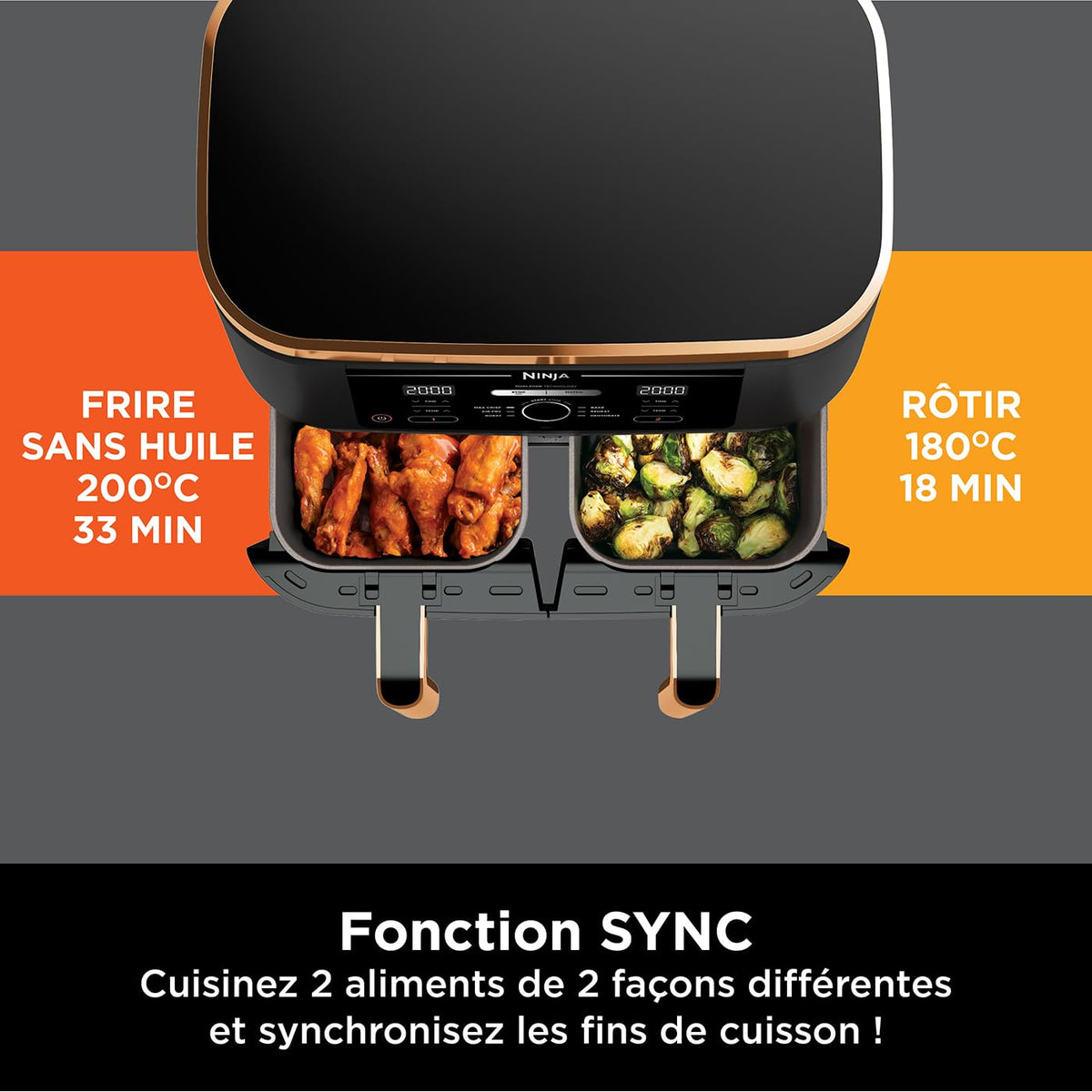Ninja Foodi MAX Dual Zone Air Fryer, Friteuse sans huile, 2 tiroirs, 9,5 L, 6-en-1 (Air Fry, Max Crisp, rôtir, cuire, réchauffer, déshydrater), exclus