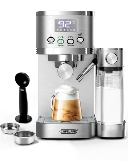 CAFELFFE® Machine à expresso 6 en 1, porte-filtre avec réservoir à lait, machine à cappuccino automatique avec autonettoyage et 3 options de température, 1,3 l en acier inoxydable