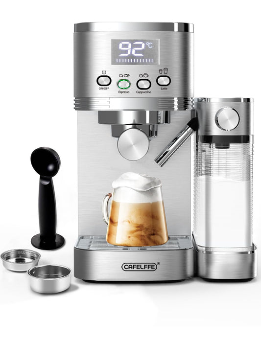 CAFELFFE® Machine à expresso 6 en 1, porte-filtre avec réservoir à lait, machine à cappuccino automatique avec autonettoyage et 3 options de température, 1,3 l en acier inoxydable