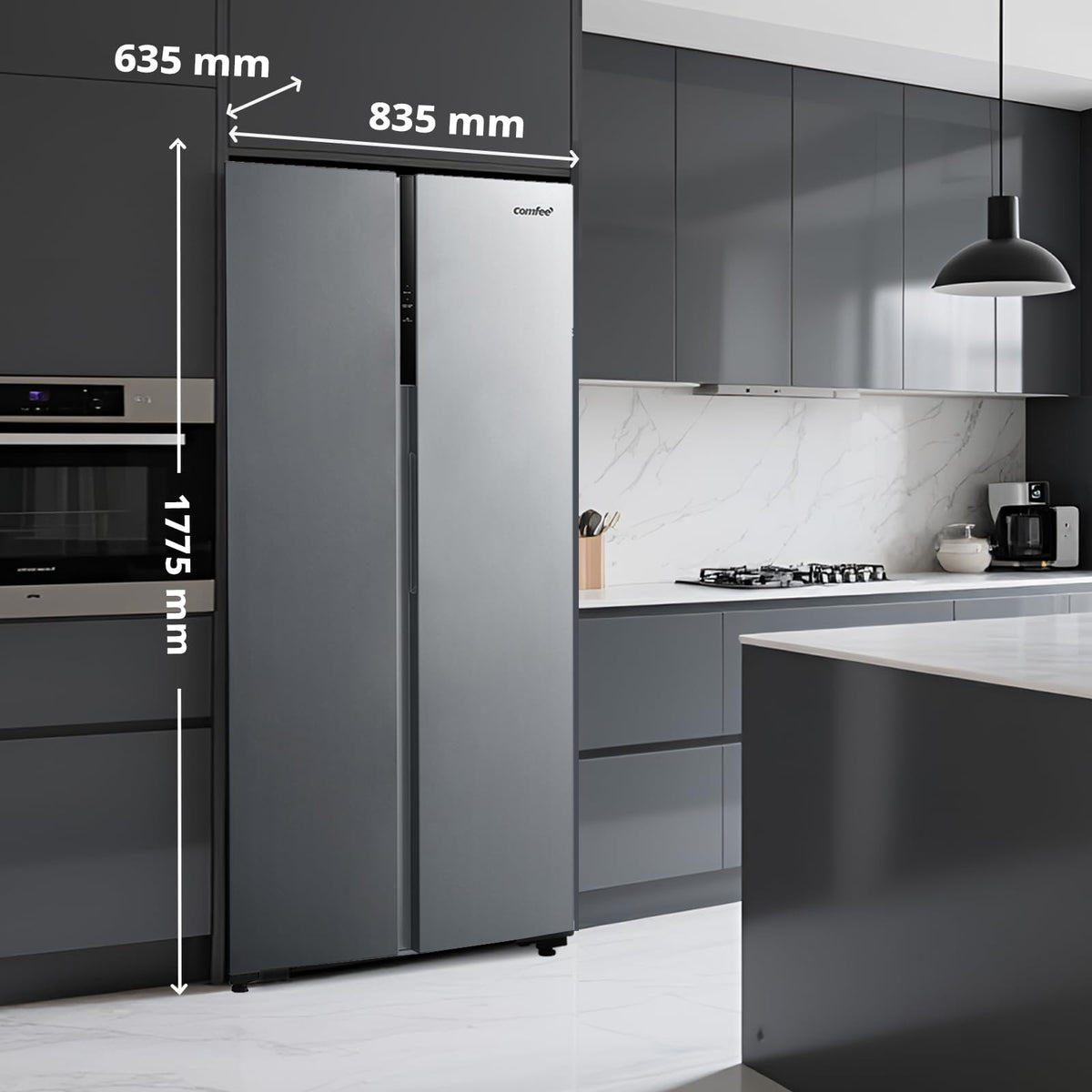 Comfee' RCS609IX2 Réfrigérateur-Congélateur Américan/No Frost/Compresseur Inverter/Hauteur 177,5 cm/460 L(271+189) de Réfrigération/Double contrôle/SuperCool, Inox