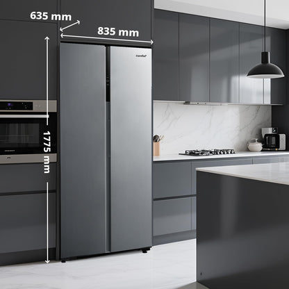 Comfee' RCS609IX2 Réfrigérateur-Congélateur Américan/No Frost/Compresseur Inverter/Hauteur 177,5 cm/460 L(271+189) de Réfrigération/Double contrôle/SuperCool, Inox