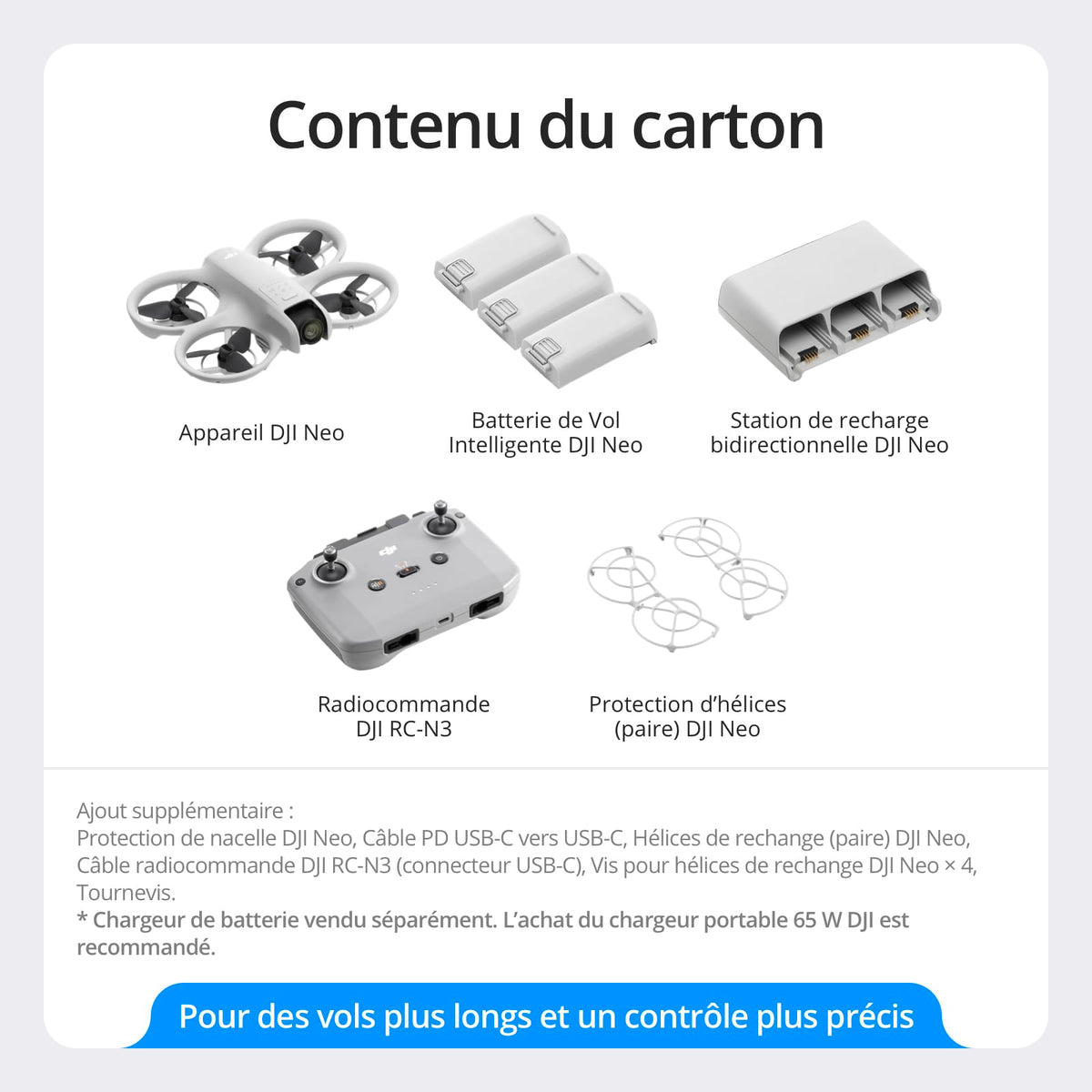 Bundle Fly More DJI Neo, Mini Drone avec Caméra 4K UHD pour Adultes, Drone Suiveur qui Vole Seul de 135 g, Décollage du Creux de la Main, Suivi de Suj