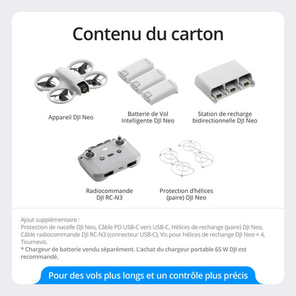 Bundle Fly More DJI Neo, Mini Drone avec Caméra 4K UHD pour Adultes, Drone Suiveur qui Vole Seul de 135 g, Décollage du Creux de la Main, Suivi de Suj