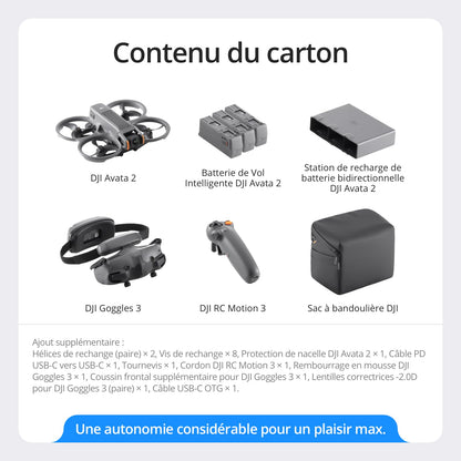 DJI Bundle Fly More Avata 2 (Trois Batteries), Drone FPV avec Caméra 4K, Acrobaties en Une Touche, Protection d’hélice intégrée, Drone Caméra avec Goggles 3 et RC Motion 3
