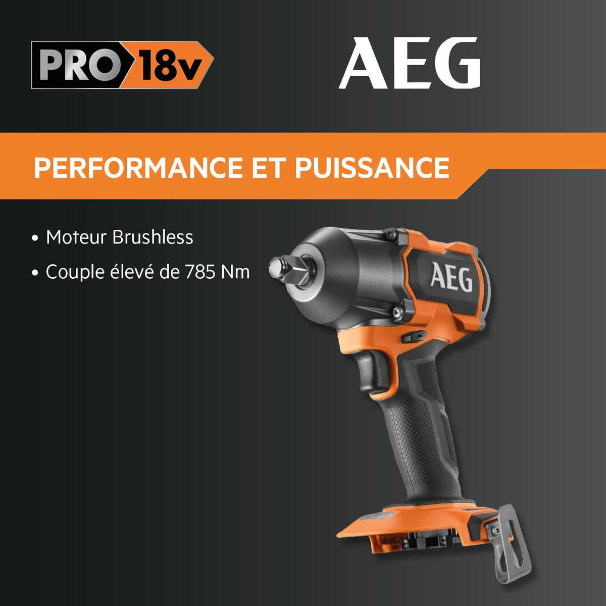 AEG - Boulonneuse à Chocs Sans Fil - Couple jusqu'à 785 Nm - 4 Modes dont 1 Autostop - Moteur Brushless - Revêtement Softgrip et Crochet de Ceinture - Compatible Batterie Pro18V - BSS18MTF12BL-0