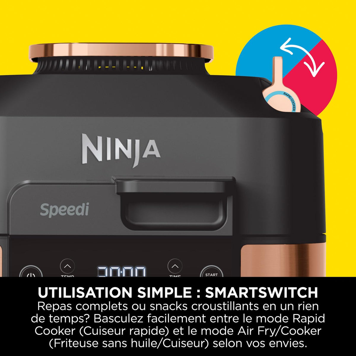 Ninja Speedi 10-en-1 Autocuiseur rapide, Air Fryer, Friteuse à air et Multicuiseur, 5.7L, Repas pour 4 en 15 minutes, Vapeur, Gril, Cuire au four, Rôtir, Mijoter et plus, Noir et Cuivre ON400EUCP