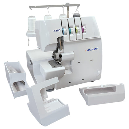 Jaguar 435D Surjeteuse Overlock, 3/4 fils, enfilage codé par couleur, transport différentiel, coupe-fil automatique, bras libre, blanc.