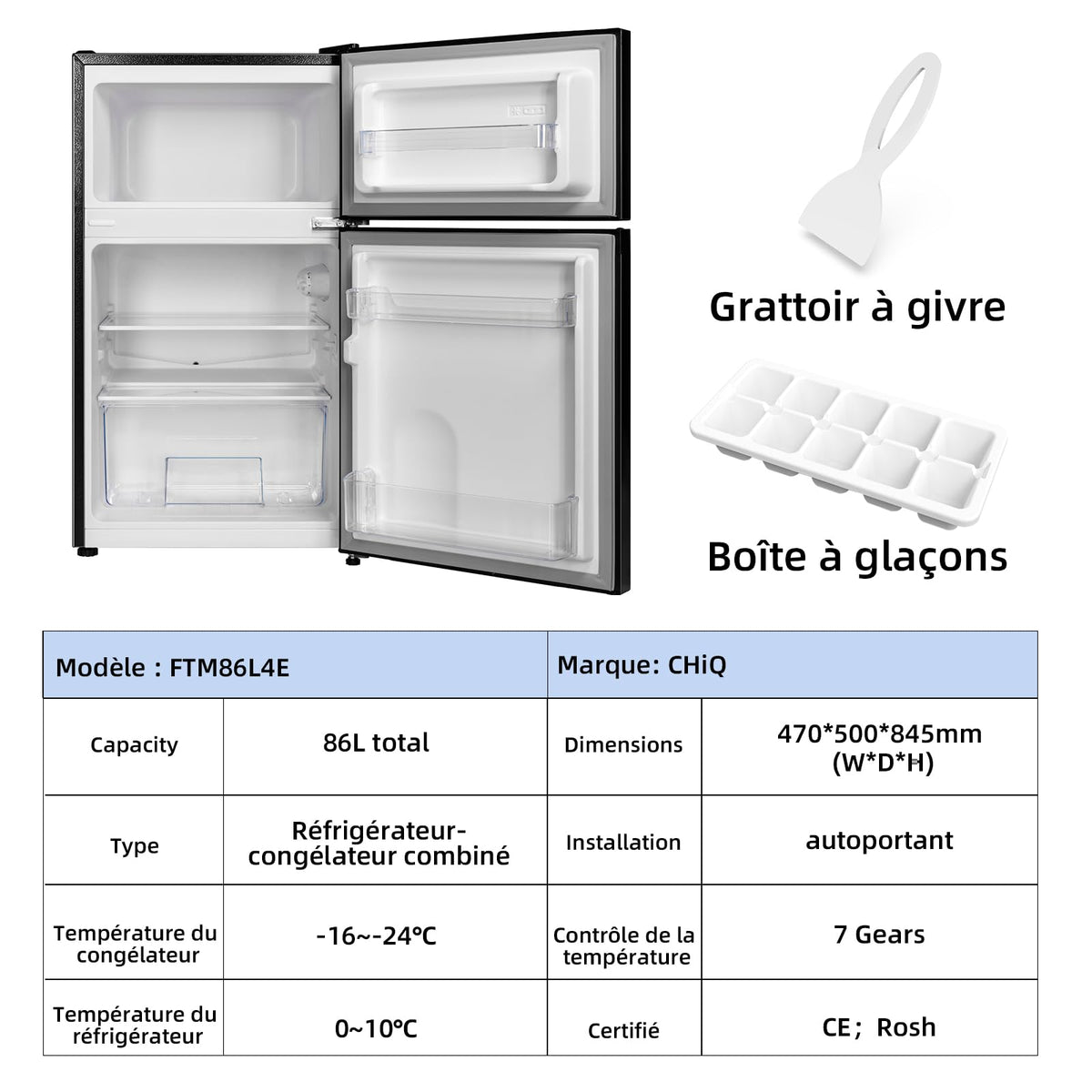 CHIQ Réfrigérateur congélateur en haut Réfrigérateur congélateur - 86 L (61/25L) - Portes réversibles, Congélateur 4 étoiles, Machine à glaçons, Garantie compresseur 12 ans, Classe E