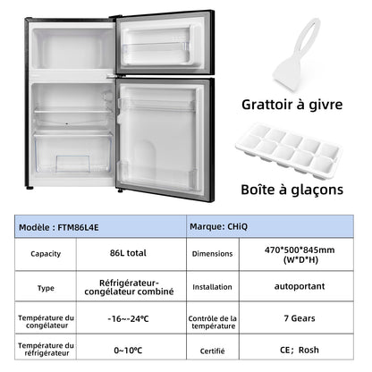 CHIQ Réfrigérateur congélateur en haut Réfrigérateur congélateur - 86 L (61/25L) - Portes réversibles, Congélateur 4 étoiles, Machine à glaçons, Garantie compresseur 12 ans, Classe E