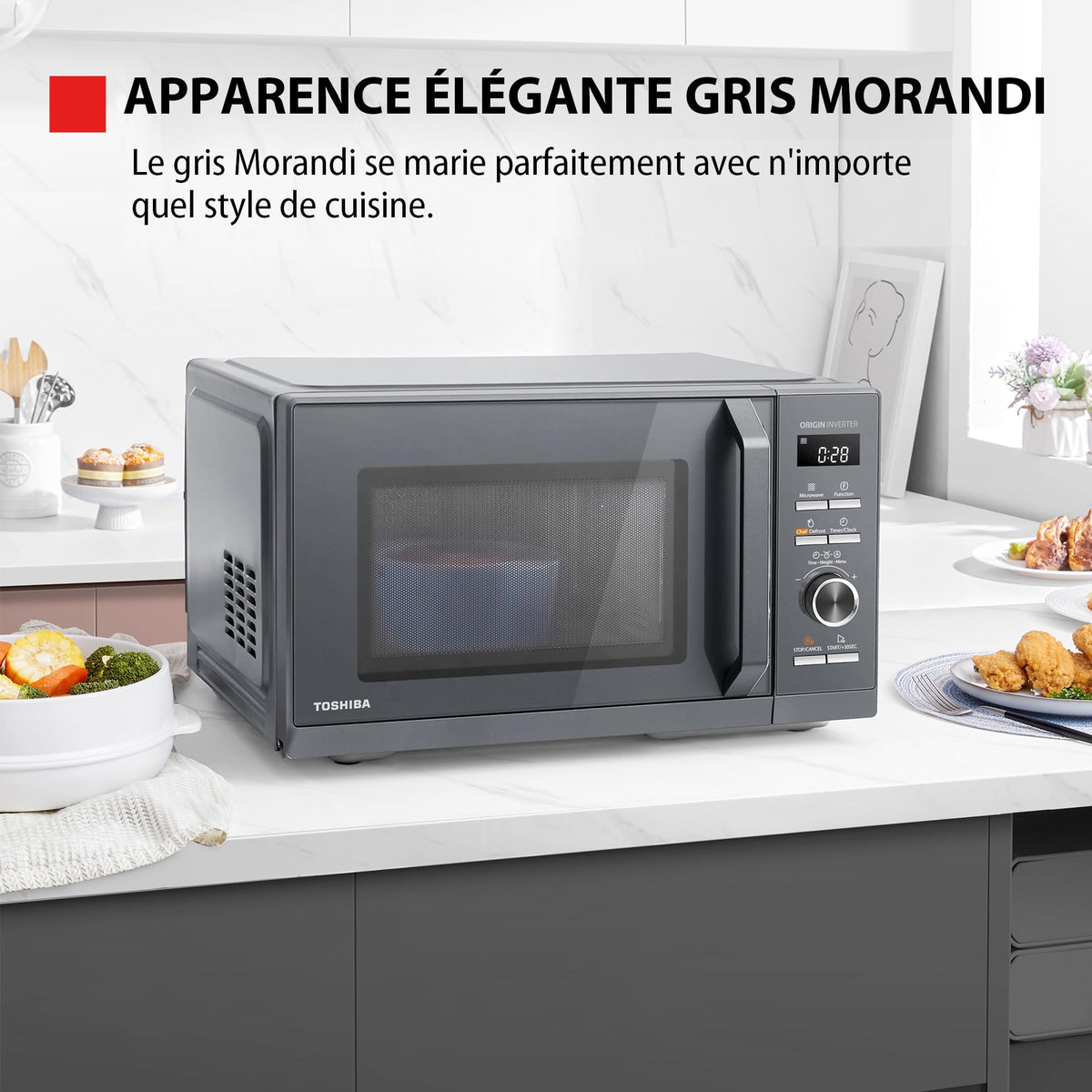 Toshiba MW3-AC26PFI(MG) Four à Micro-ondes 26L Air chaud combiné, 6-en-1 900W avec Cuiseur Vapeur en Gris Morandi, 6 Programmes 10 Niveaux de Puissanc