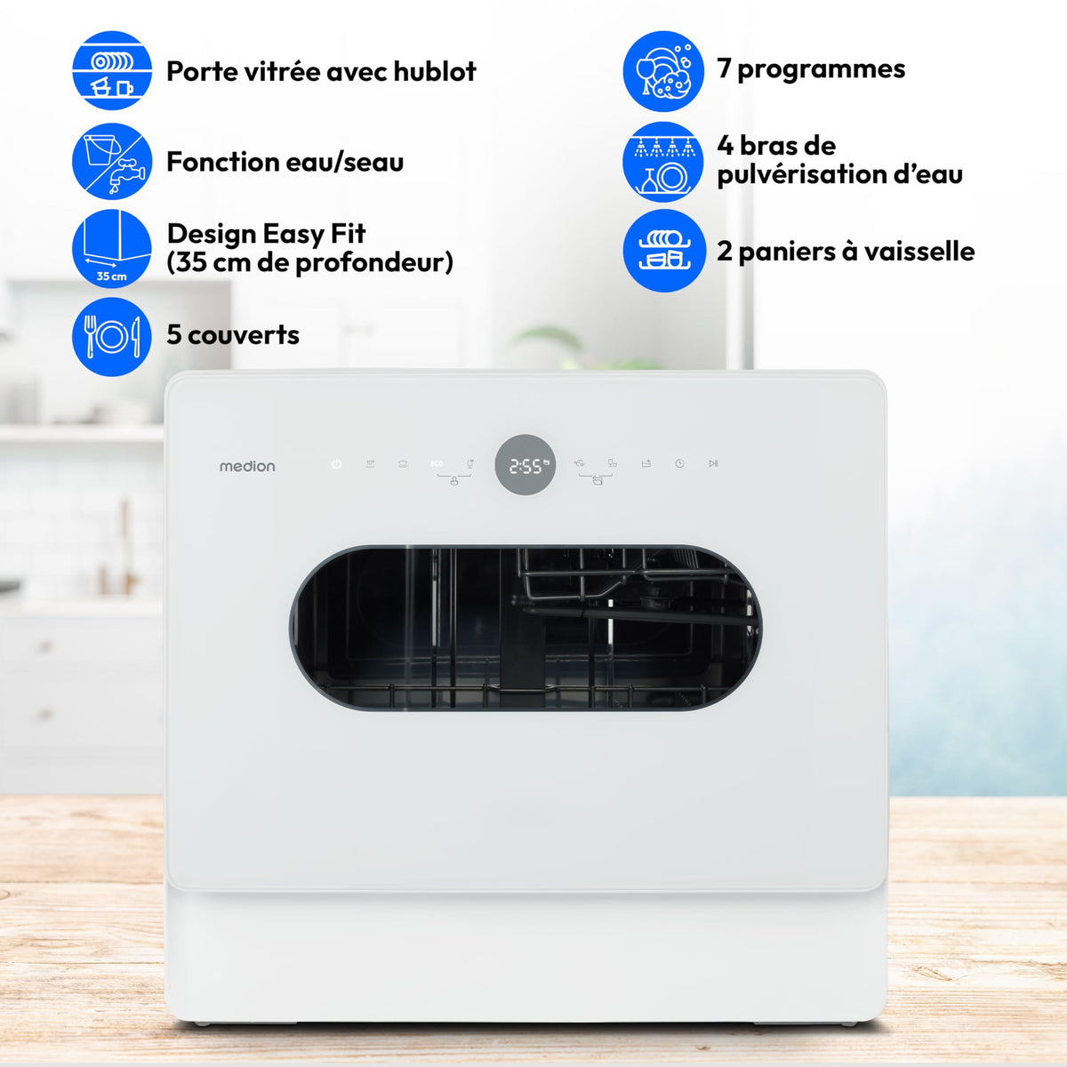 MEDION Mini lave-vaisselle DWT51 (lave-vaisselle de table avec panneau de commande tactile, fonction seau, 5 couverts, fonctionne avec/sans raccordement à l'eau, 7 programmes de nettoyage, départ diff
