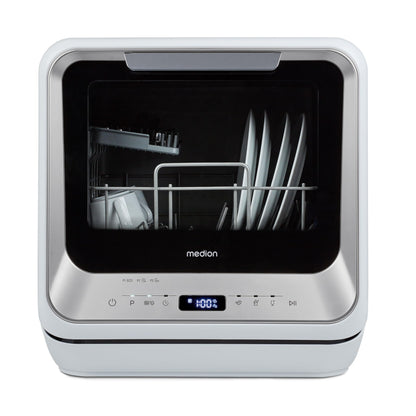 MEDION Mini lave-vaisselle DWT20 (lave-vaisselle de table, lave-vaisselle, 2 couverts, fonctionne avec/sans raccordement à l'eau, 6 programmes de nettoyage, biberons, départ différé, pose libre) argen