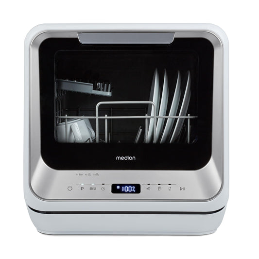 MEDION Mini lave-vaisselle DWT20 (lave-vaisselle de table, lave-vaisselle, 2 couverts, fonctionne avec/sans raccordement à l'eau, 6 programmes de nettoyage, biberons, départ différé, pose libre) argen