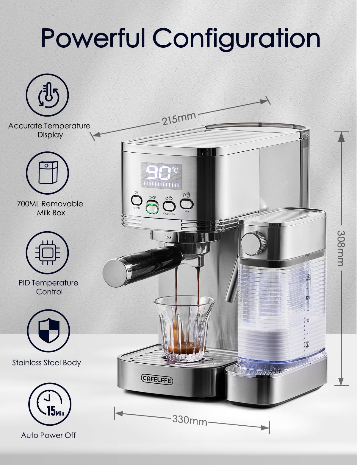 CAFELFFE® Machine à expresso 6 en 1, porte-filtre avec réservoir à lait, machine à cappuccino automatique avec autonettoyage et 3 options de température, 1,3 l en acier inoxydable
