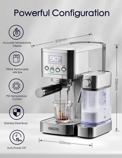CAFELFFE® Machine à expresso 6 en 1, porte-filtre avec réservoir à lait, machine à cappuccino automatique avec autonettoyage et 3 options de température, 1,3 l en acier inoxydable