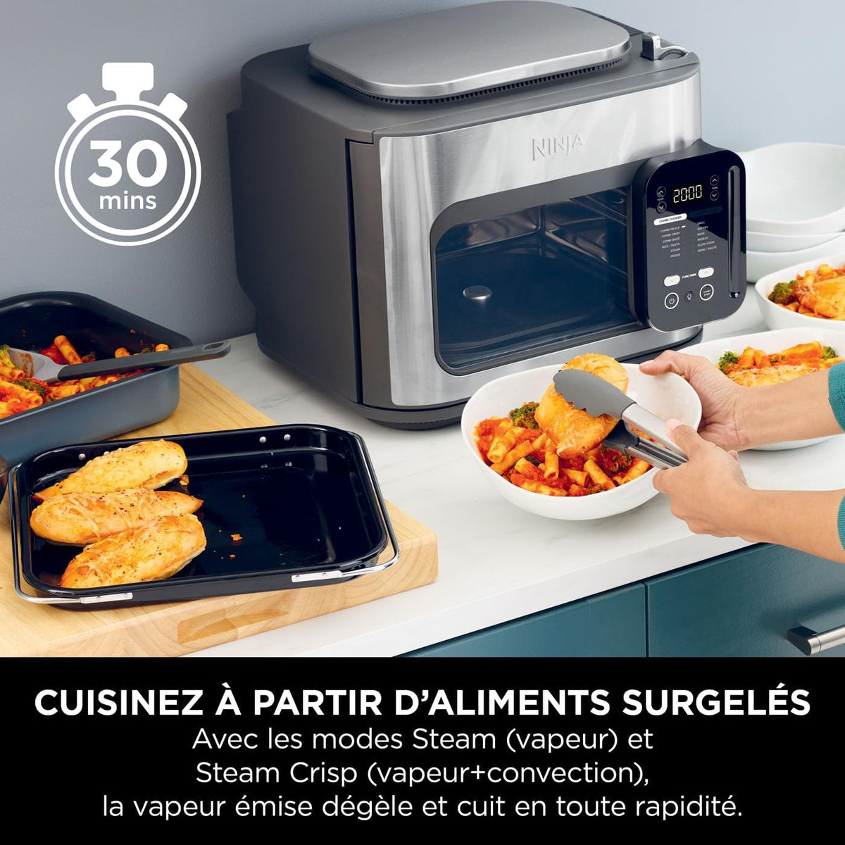Ninja Combi 12-en-1 Multi-Cuiseur, Four & Friteuse sans huile, 12 Fonctions de Cuisson, Repas de Taille Familiale en 15 Minutes*, avec Plateau de Cuisson,Poêle et Guide de Recettes, Gris, SFP700EU.