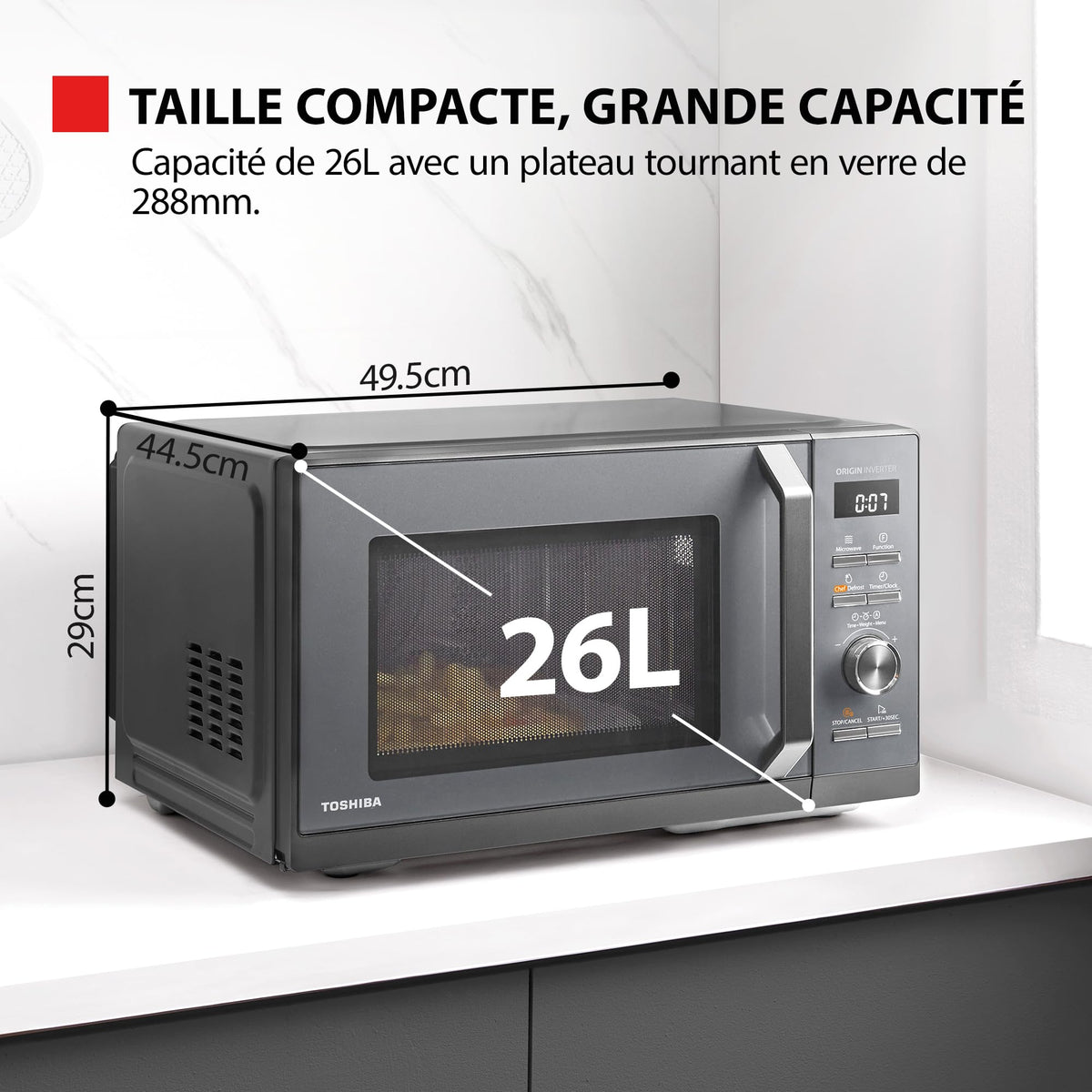 Toshiba MW3-AC26PFI(MG) Four à Micro-ondes 26L Air chaud combiné, 6-en-1 900W avec Cuiseur Vapeur en Gris Morandi, 6 Programmes 10 Niveaux de Puissanc