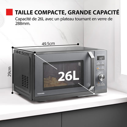Toshiba MW3-AC26PFI(MG) Four à Micro-ondes 26L Air chaud combiné, 6-en-1 900W avec Cuiseur Vapeur en Gris Morandi, 6 Programmes 10 Niveaux de Puissanc