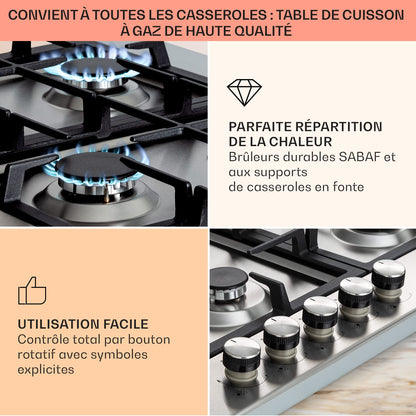 Klarstein Tables de Cuisson à Gaz, Plaque de Cuisson , Encastrable à 5 Feux de 11100W, Cuisiniere Gaz, Gaziniere avec Brûleurs en Acier Inoxydable, Cuisinières GPL