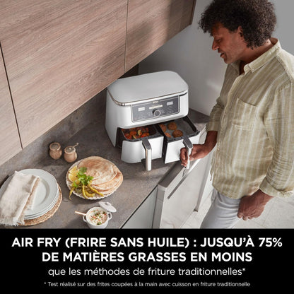 Ninja Foodi MAX Dual Zone Air Fryer, 2 Tiroirs, 9,5L, 6-en-1, Sans Huile, Air Fry, Croustillant Max, Rôtir, Cuire, Déshydrater, 8 Portions, Paniers Antiadhésifs Vont Au Lave-Vaisselle, Blanc AF400EUWH