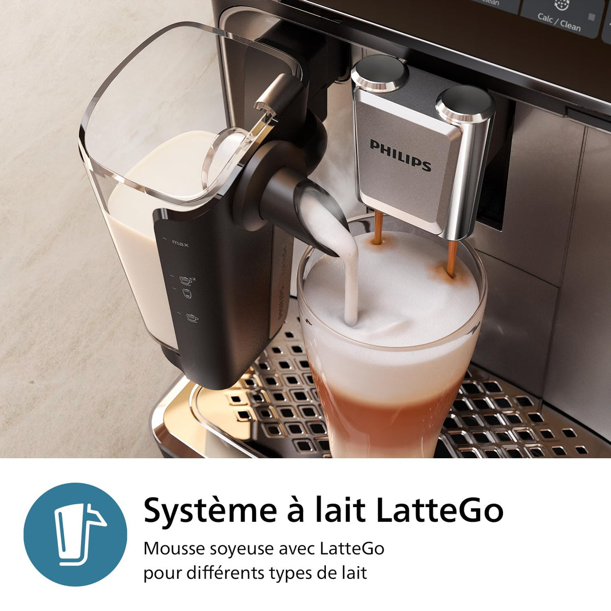 PHILIPS Machine à Expresso Entièrement Automatique Séries 3300-6 Boissons,Écran tactile couleur moderne,Système à lait LatteGo,SilentBrew,Broyeur 100%Céramique,Filtre AquaClean.Noir Chrome (EP3347/90)