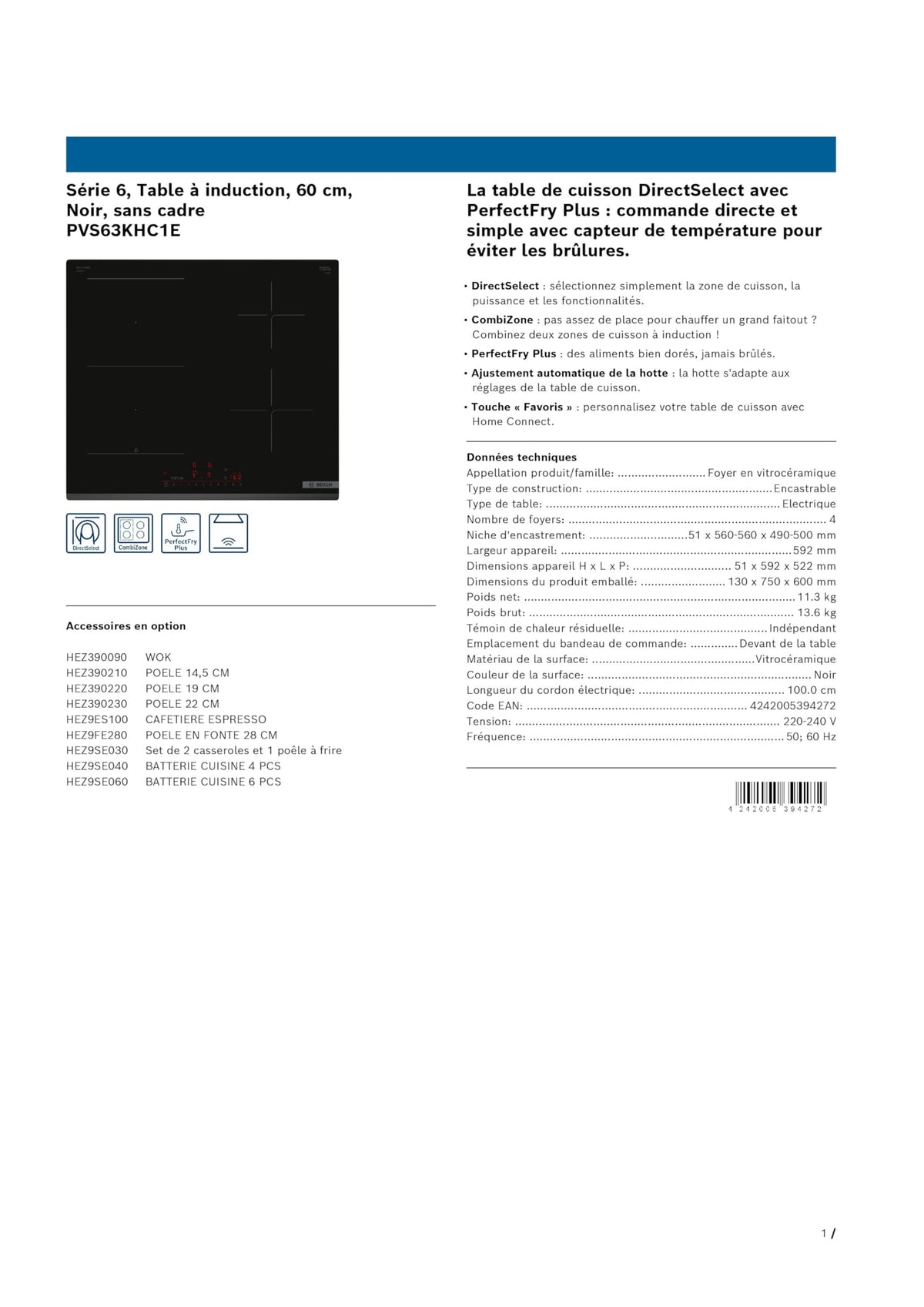 Bosch PVS63KHC1E, Plaque de cuisson induction, Série 6, 4 foyers, 60 cm, Noir sans cadre