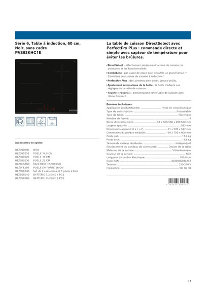 Bosch PVS63KHC1E, Plaque de cuisson induction, Série 6, 4 foyers, 60 cm, Noir sans cadre